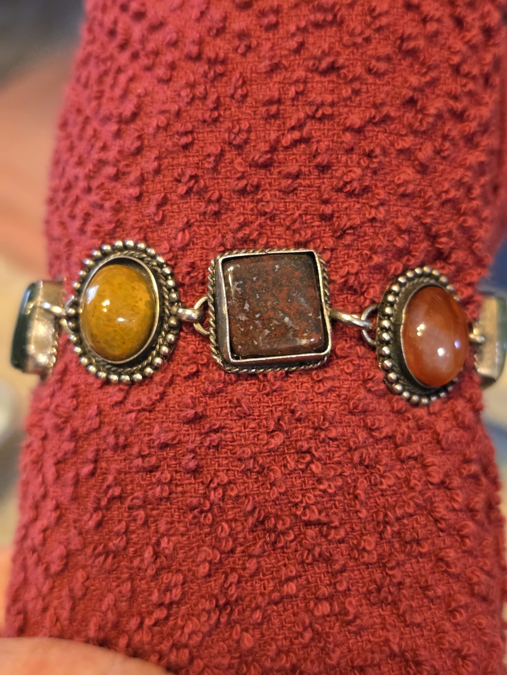 Handcrafted Multistone Silver Bracelet  Gemstones Red and Orange Accents